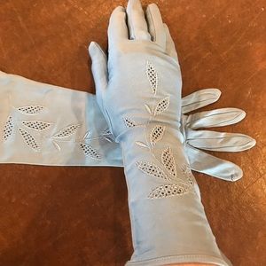 Antique embroidered long blue ladies knit gloves!